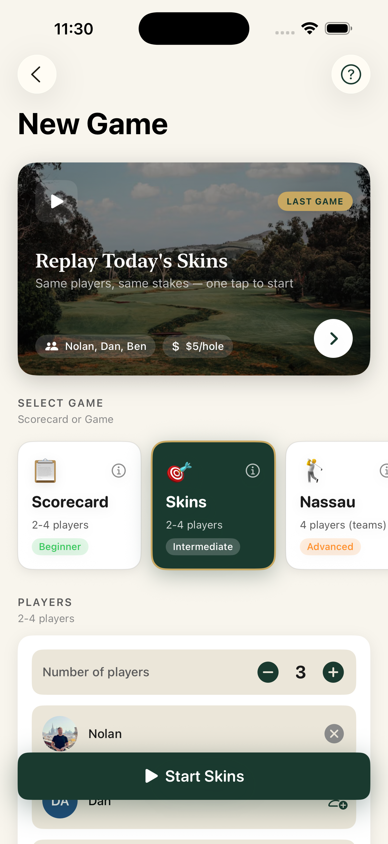 New Game screen - choose from Scorecard, Skins, Nassau and more