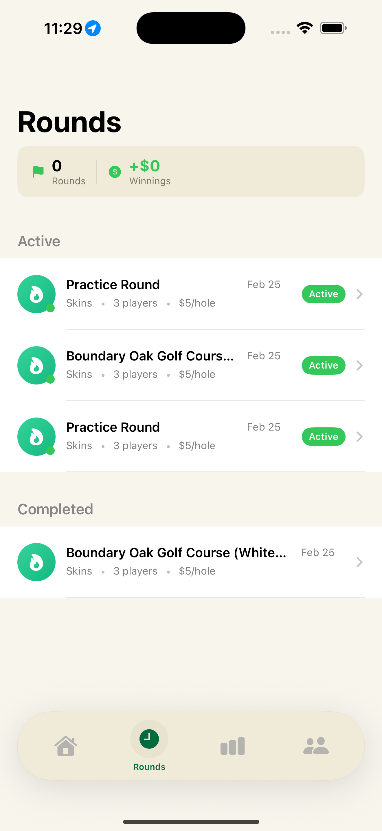 Rounds screen showing active and completed games