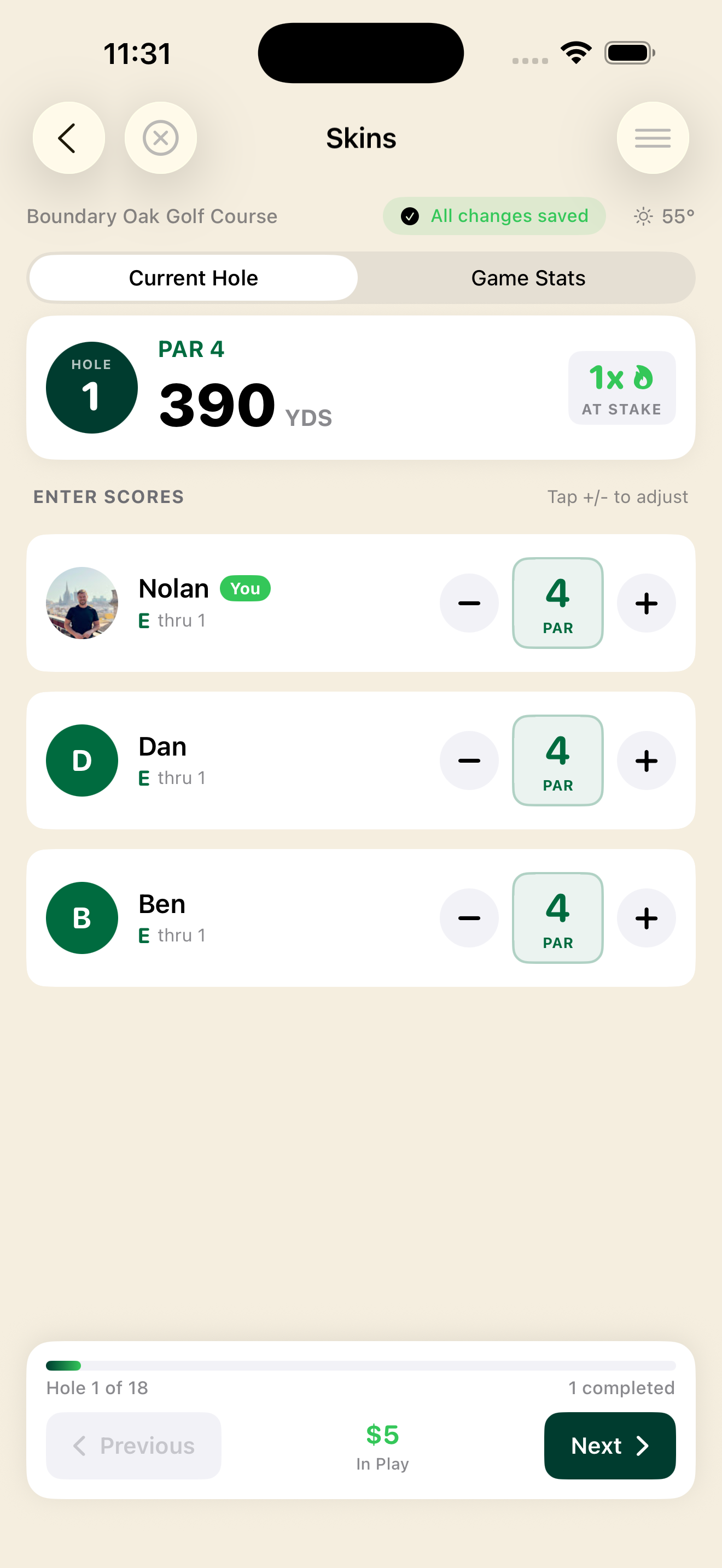 Live scoring - enter scores hole by hole with tap controls